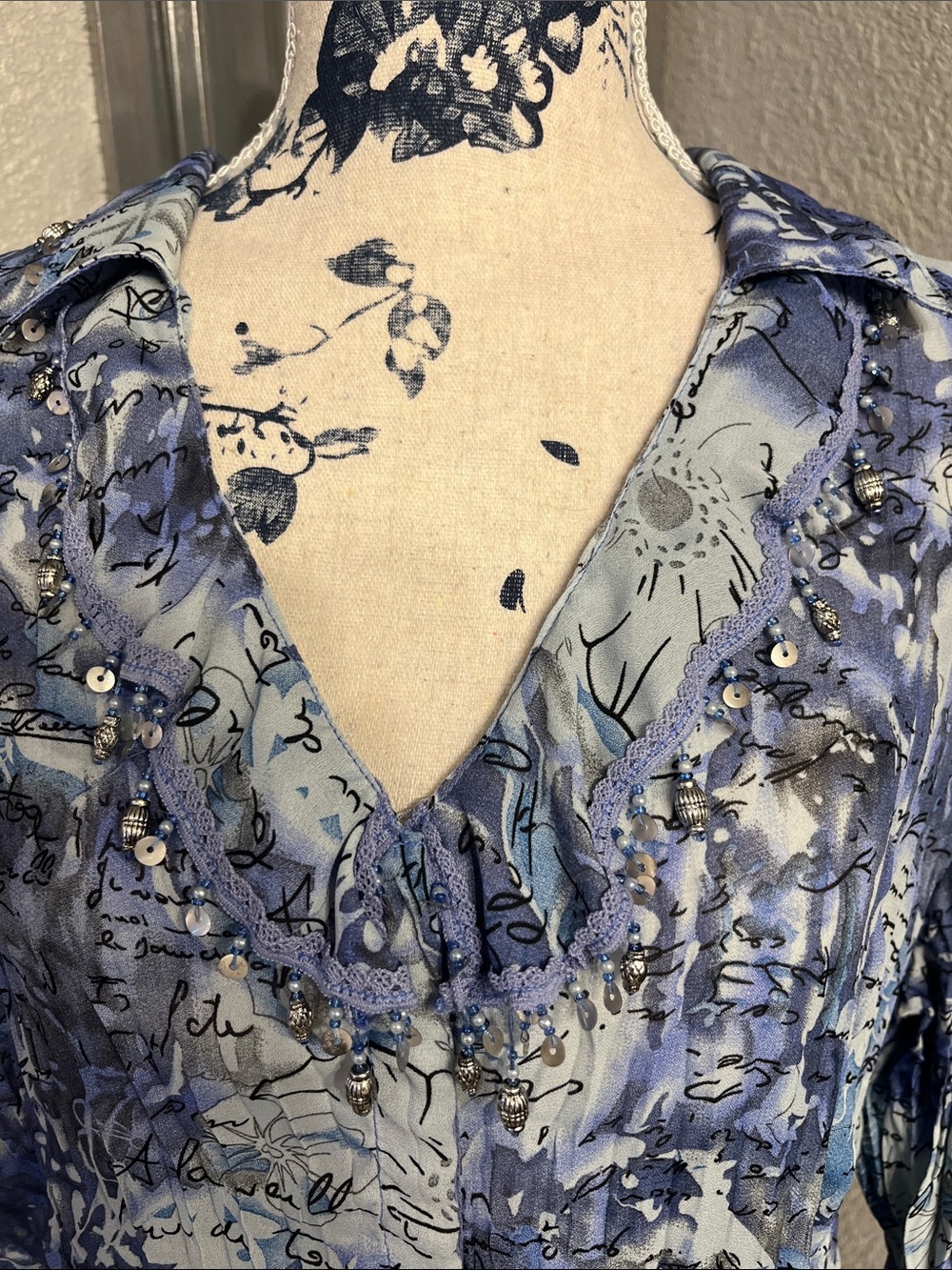 Jaipur Blue & Light Blue Script Ruffle V-Neck Blouse - Picture 2 of 8